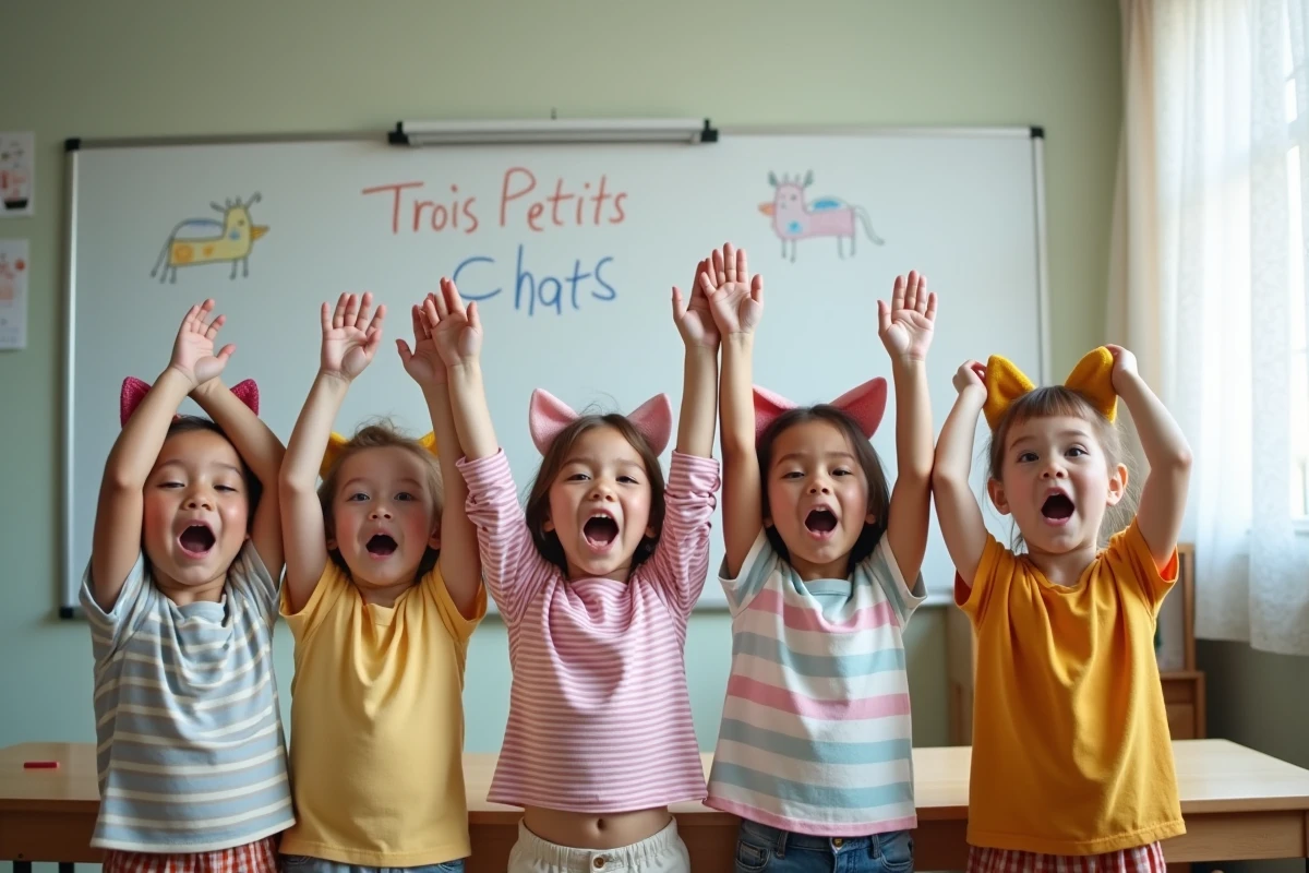 Enfants de maternelle chantant Trois Petits Chats avec des gestes en faisant des oreilles de chat avec leurs mains