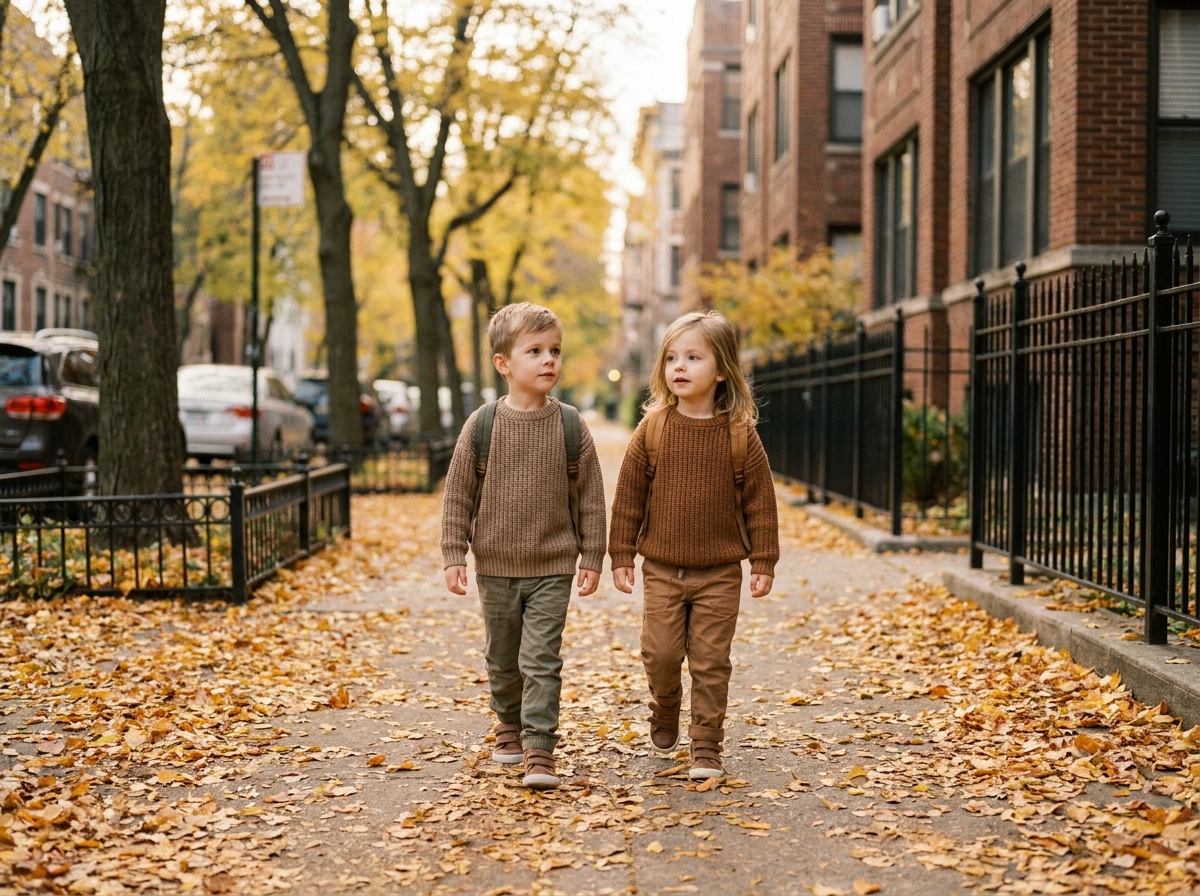 Deux enfants de maternelle marchant côte à côte sur un trottoir automnal avec leurs sacs à dos, vus de dos