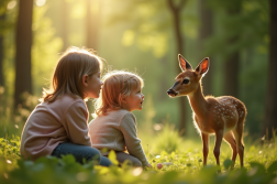 Deux enfants regardent un cerf dans la forêt ensoleillée