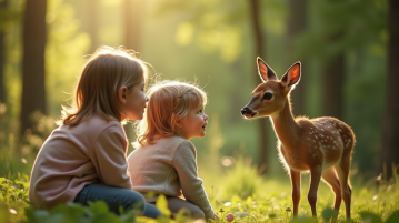 Deux enfants regardent un cerf dans la forêt ensoleillée