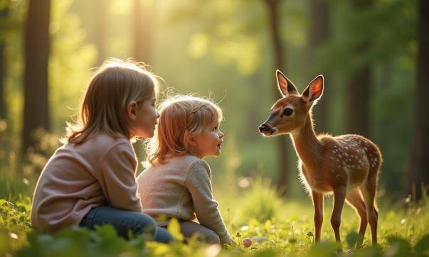 Deux enfants regardent un cerf dans la forêt ensoleillée