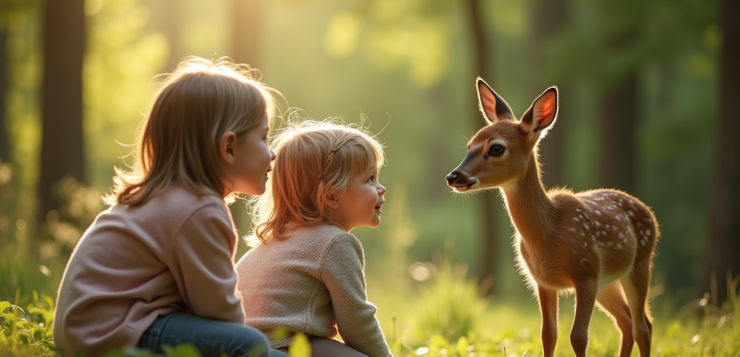 Deux enfants regardent un cerf dans la forêt ensoleillée
