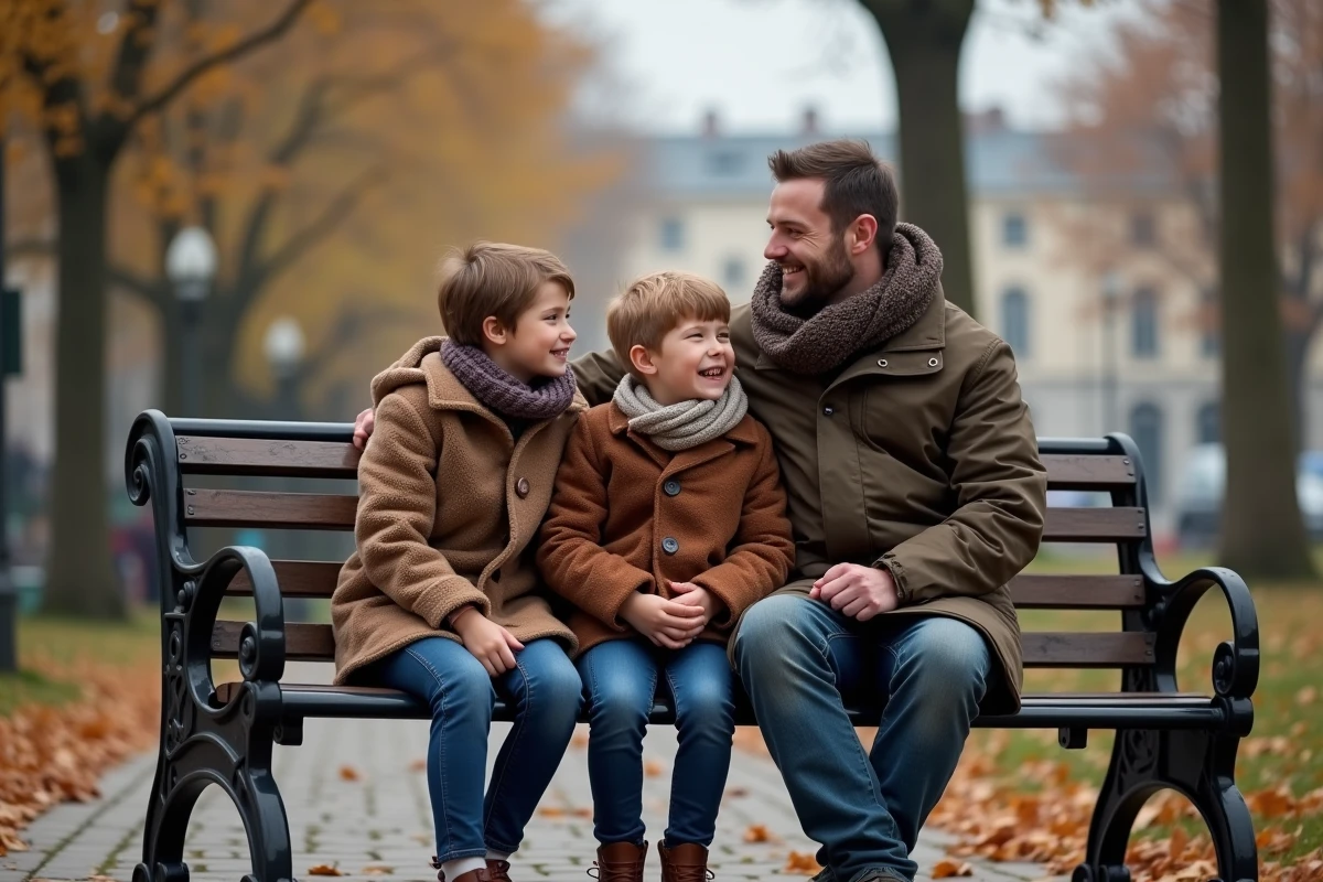 Enfants et père assis sur un banc dans un parc en automne