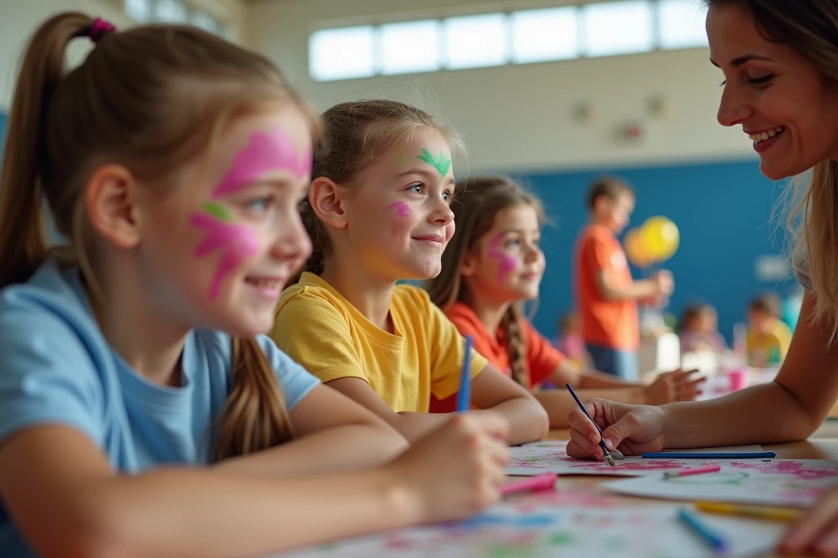 Enfants se faisant peindre le visage par un parent lors d