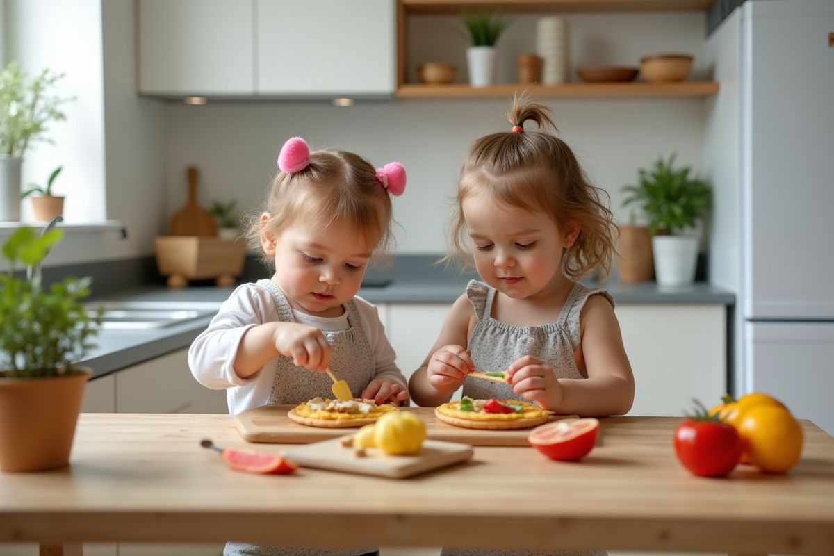 Deux tout-petits préparant une collation à la cuisine