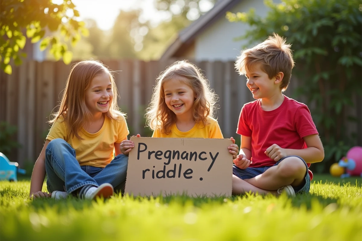 Trois enfants rieurs découvrant une devinette de grossesse