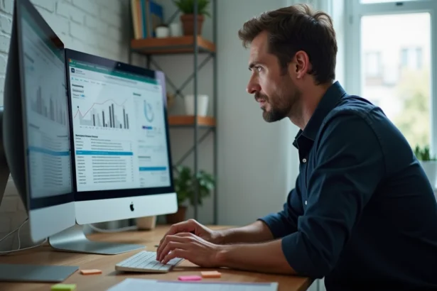 Homme enquêtant sur un site web suspect devant un écran d'ordinateur avec données analytiques