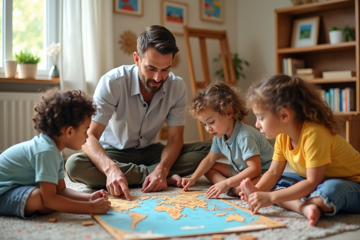 Enseignant Montessori avec enfants jouant avec puzzle en intérieur