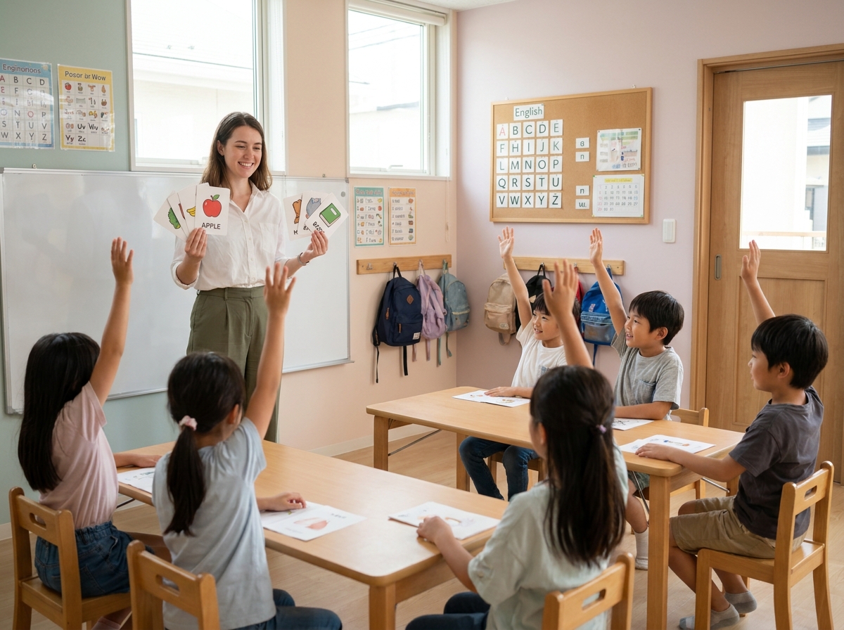 Enseignante animant un atelier de vocabulaire en anglais avec des flashcards devant des élèves enthousiastes en classe