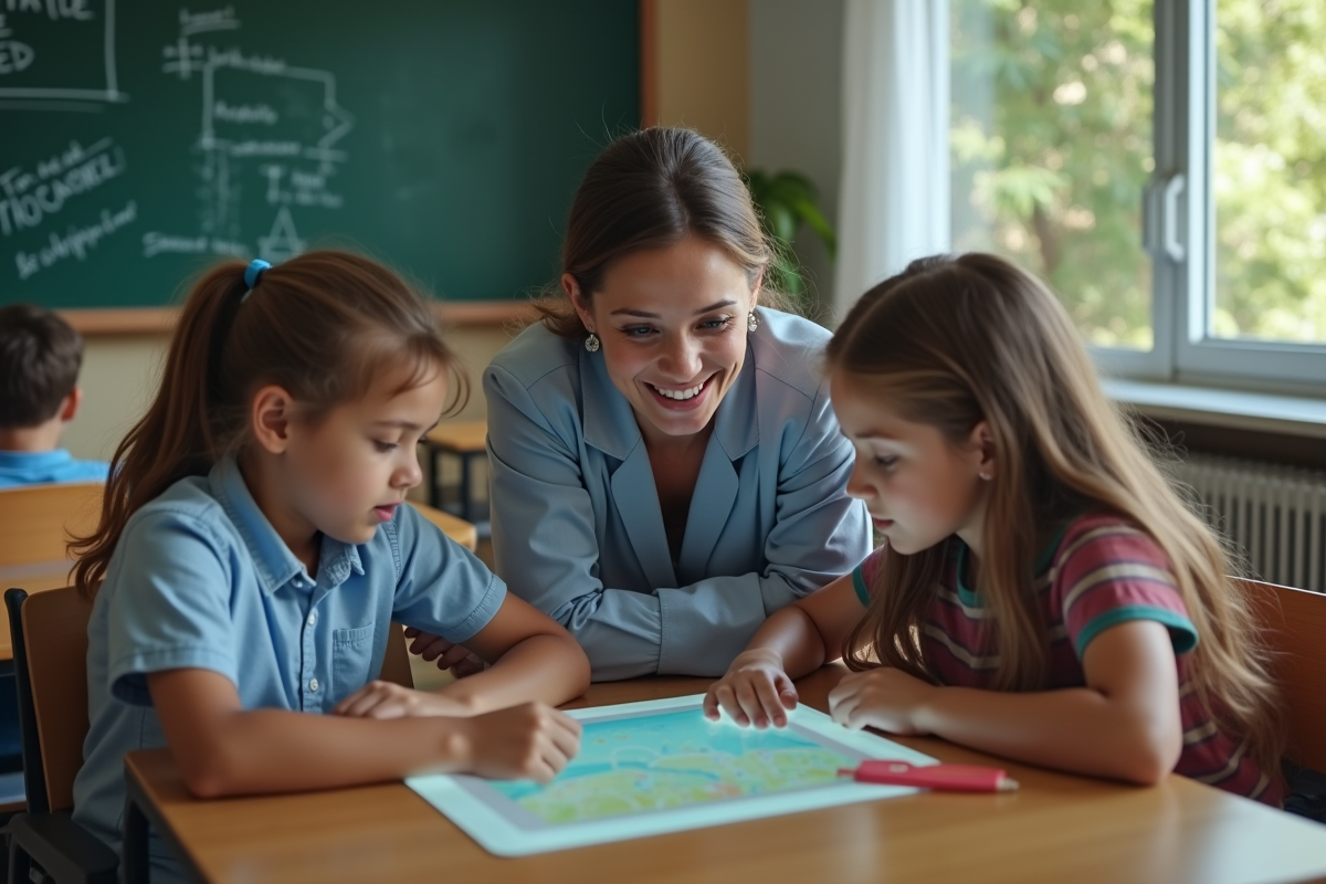 Enseignante avec deux lycéens autour d’un écran tactile en classe