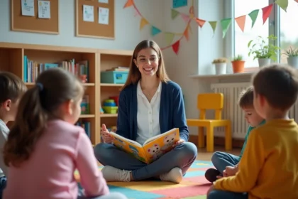 Enseignante de maternelle lisant la chanson Trois Petits Chats à ses élèves assis en cercle sur un tapis coloré