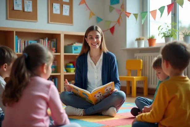 Enseignante de maternelle lisant la chanson Trois Petits Chats à ses élèves assis en cercle sur un tapis coloré