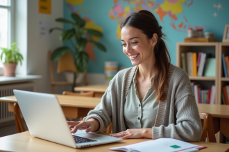 Enseignante souriante utilisant un ordinateur dans une classe lumineuse