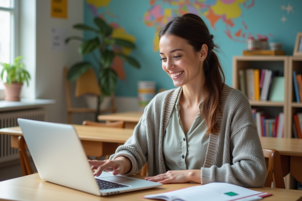 Enseignante souriante utilisant un ordinateur dans une classe lumineuse