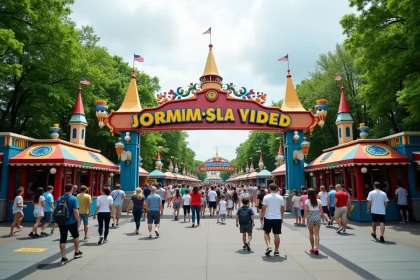 Entrée du parc Walygator en Lorraine avec familles et décors colorés typiques d'un grand parc d'attractions