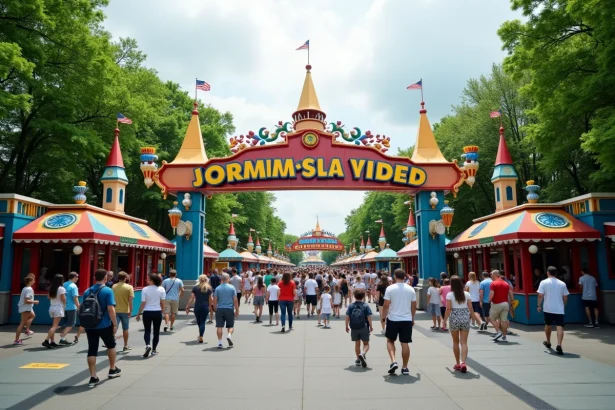Entrée du parc Walygator en Lorraine avec familles et décors colorés typiques d'un grand parc d'attractions