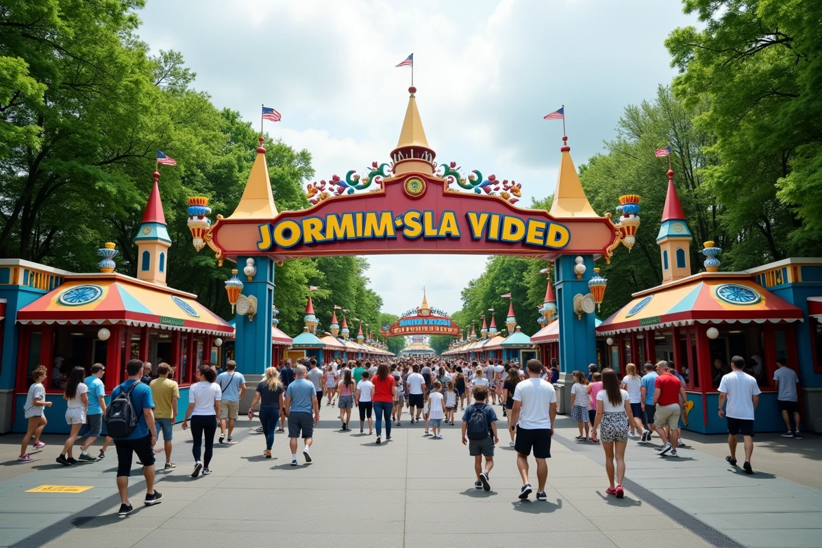 Entrée du parc Walygator en Lorraine avec familles et décors colorés typiques d'un grand parc d'attractions