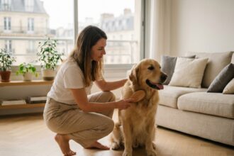 Femme qui brosse son golden retriever dans un appartement moderne à Courbevoie, entretien de la propreté avec un animal de compagnie