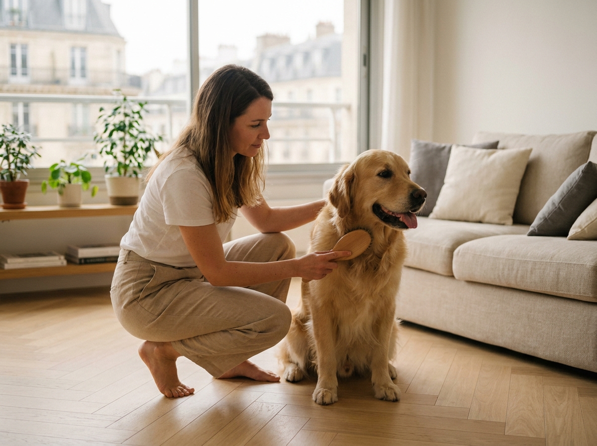 Femme qui brosse son golden retriever dans un appartement moderne à Courbevoie, entretien de la propreté avec un animal de compagnie