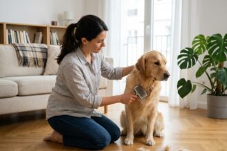 Femme entretenant son golden retriever dans un appartement propre de Courbevoie, brossage de chien sur parquet en bois