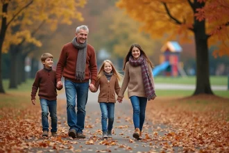 Famille souriante dans un parc d'automne en famille