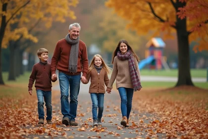 Famille souriante dans un parc d'automne en famille