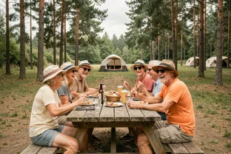 Famille adulte réunie autour d'une table de pique-nique dans un camping naturiste entouré de pins, atmosphère détendue et conviviale