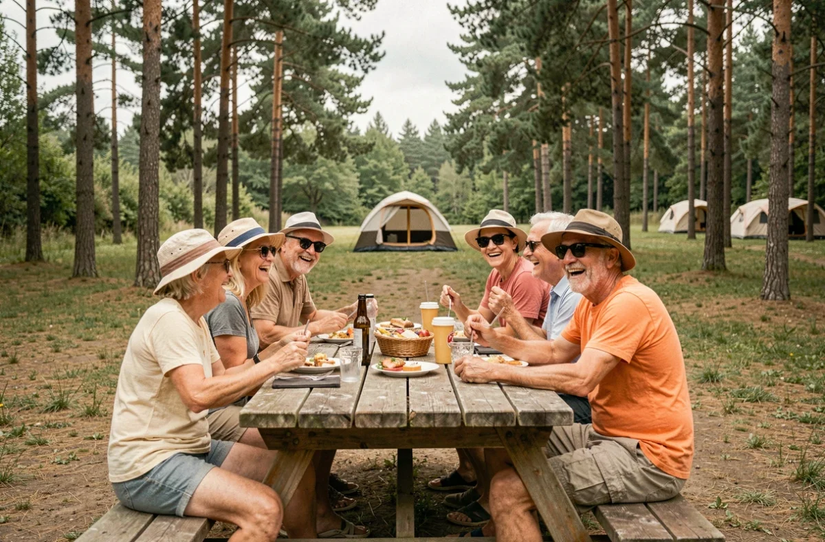 Famille adulte réunie autour d'une table de pique-nique dans un camping naturiste entouré de pins, atmosphère détendue et conviviale