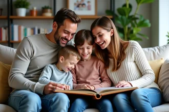 Famille souriante réunie sur un canapé en intérieur