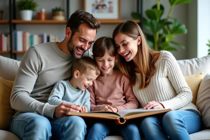 Famille souriante réunie sur un canapé en intérieur