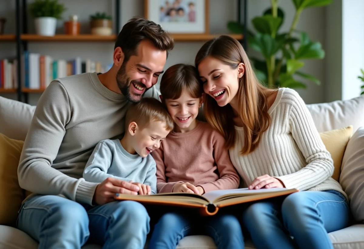 Famille souriante réunie sur un canapé en intérieur