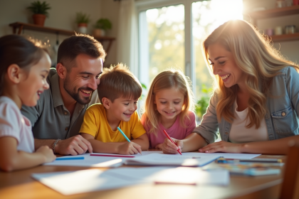 Famille souriante autour d'une table de cuisine ensoleillée