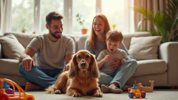Famille heureuse dans un salon lumineux avec un chien dachshund