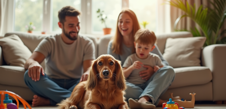 Famille heureuse dans un salon lumineux avec un chien dachshund