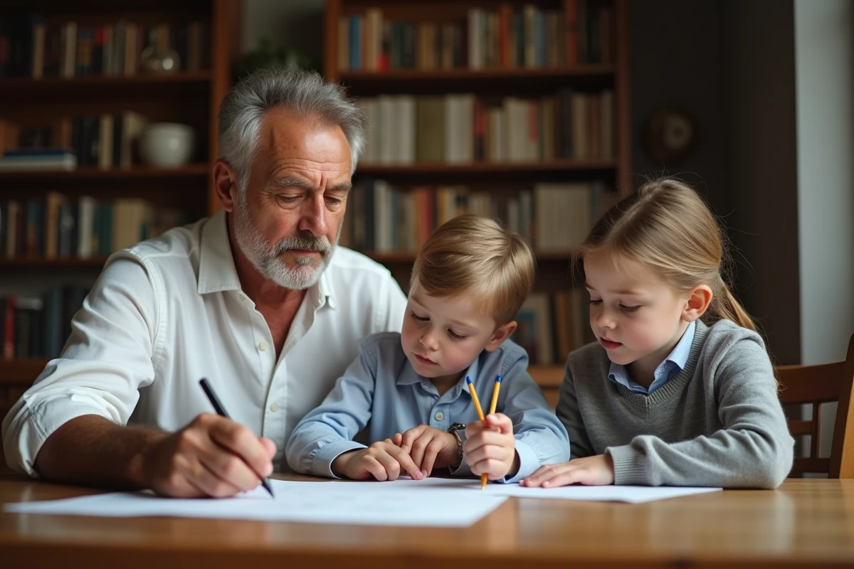 Famille autour d un dessin dans un intérieur chaleureux