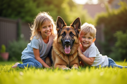 Famille souriante jouant avec un chien dans le jardin ensoleille