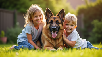 Famille souriante jouant avec un chien dans le jardin ensoleille
