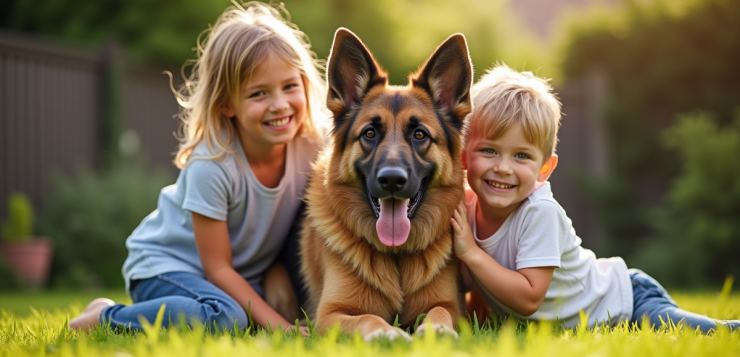 Famille souriante jouant avec un chien dans le jardin ensoleille