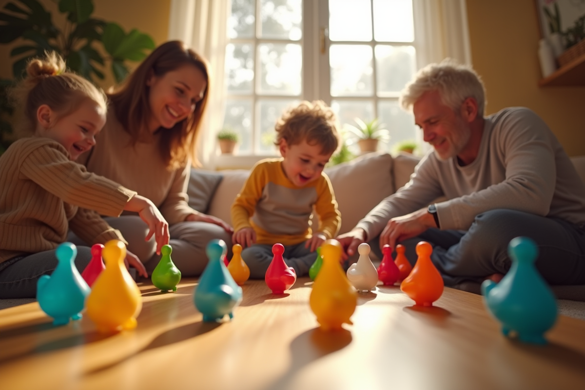 Famille jouant au jeu de Goose dans un salon ensoleille