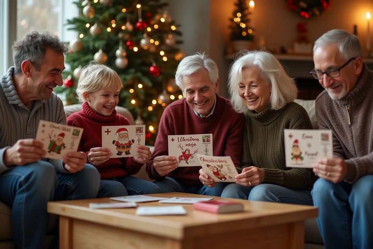 Famille réunie autour d'une table de salon pour découvrir des jeux à gratter personnalisés lors des fêtes de Noël