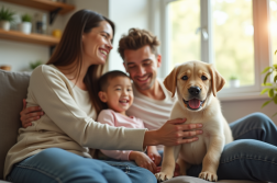 Famille souriante avec chiot labrador dans le salon lumineux