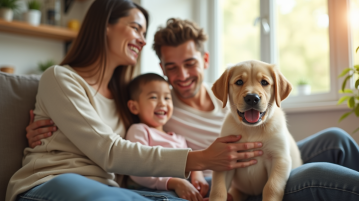 Famille souriante avec chiot labrador dans le salon lumineux