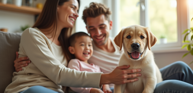 Famille souriante avec chiot labrador dans le salon lumineux