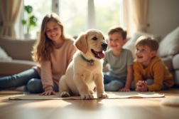 Famille heureuse jouant avec un chiot labrador dans le salon