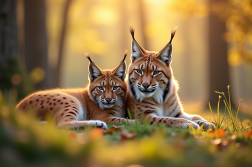 Famille de lynx reposant dans une forêt ensoleillée