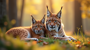 Famille de lynx reposant dans une forêt ensoleillée