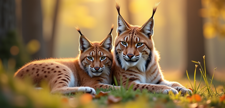 Famille de lynx reposant dans une forêt ensoleillée