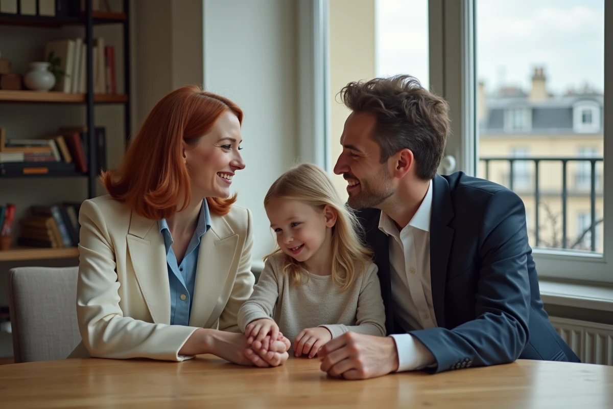 Famille souriante dans un appartement parisien élégant