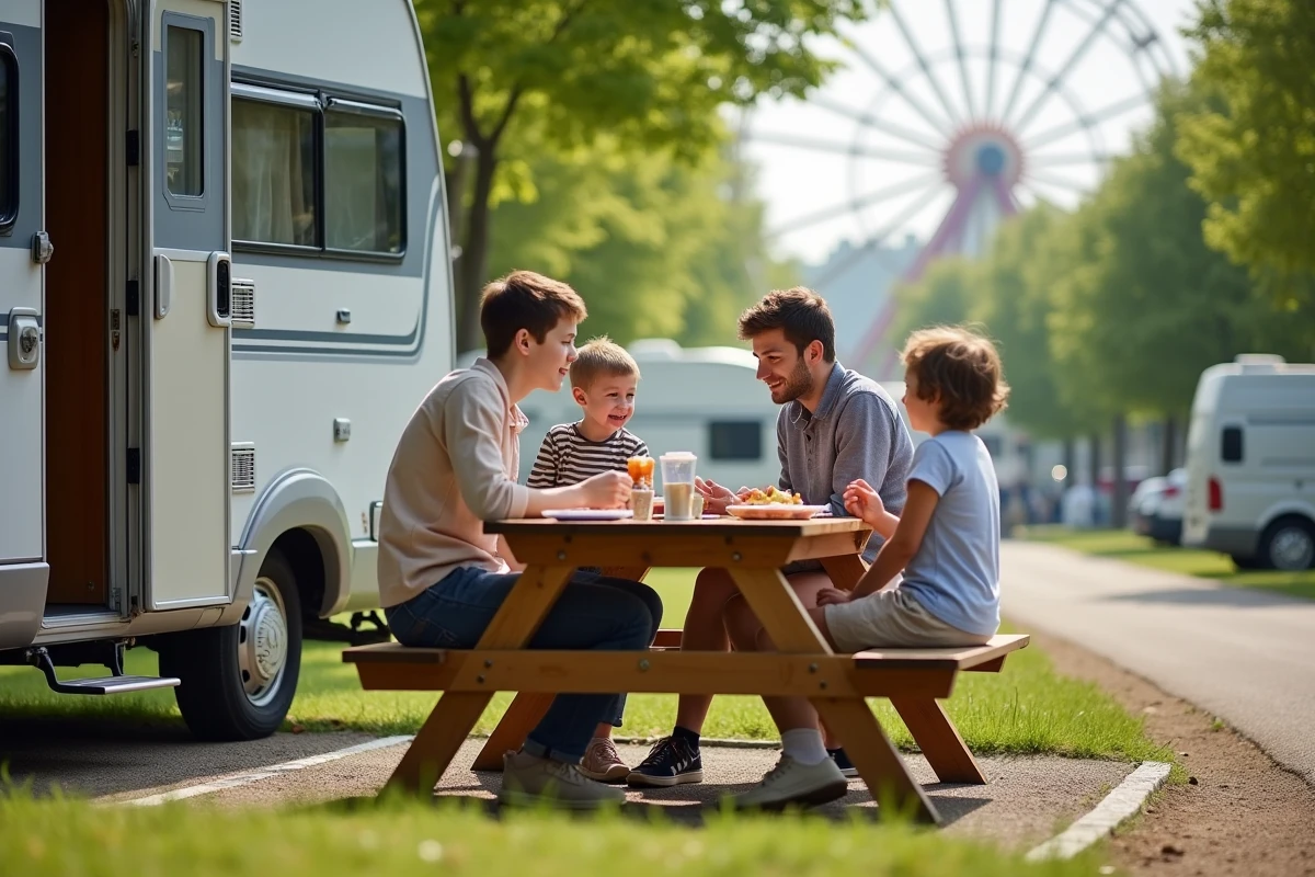 Famille détendue partageant un pique-nique près de leur van