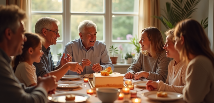 Famille multigenerational partageant un gâteau à table
